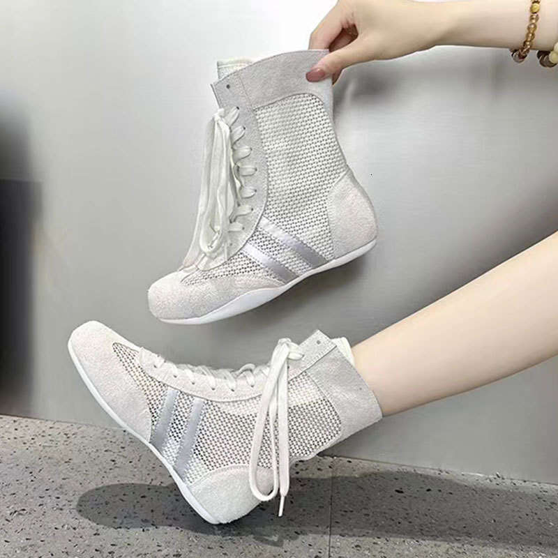 2025 New Breathable Boxing for Women Fishnet Martin Mid-Calf Hollow Mesh Boots Casual Sports High-Top Training Shoes