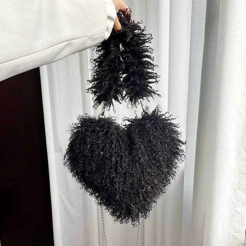 Faux Natural Fur-Ever Mongolian Furry Heart Shape Oversized Tote Bags For Women Handbags With Long Shoulder Fur Straps