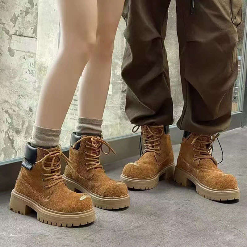 British Style Chunky Mid-Cut Martin Outdoor Casual Leather Shoes Unisex Work Boots Couple Thick Sole Height Increasing