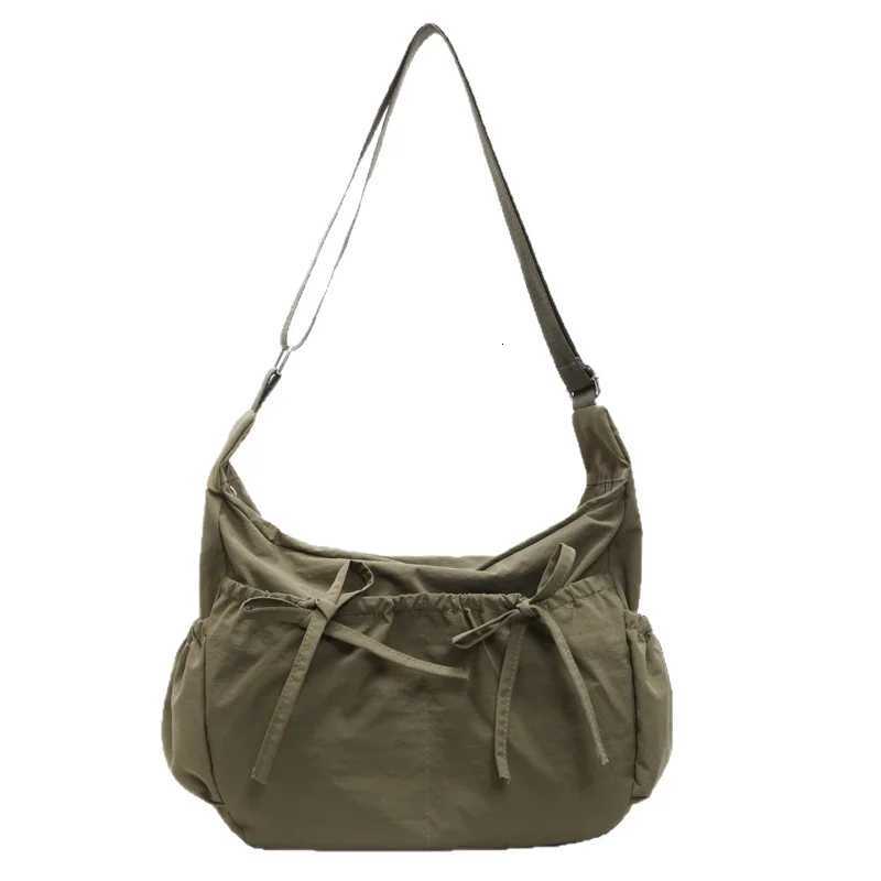 Solid Color Ruched Design Ladies Nylon Cloth Shoulder Bags Large Capacity Female Crossbody Bag Sweet Bow Strap Womens Handbags Y250819