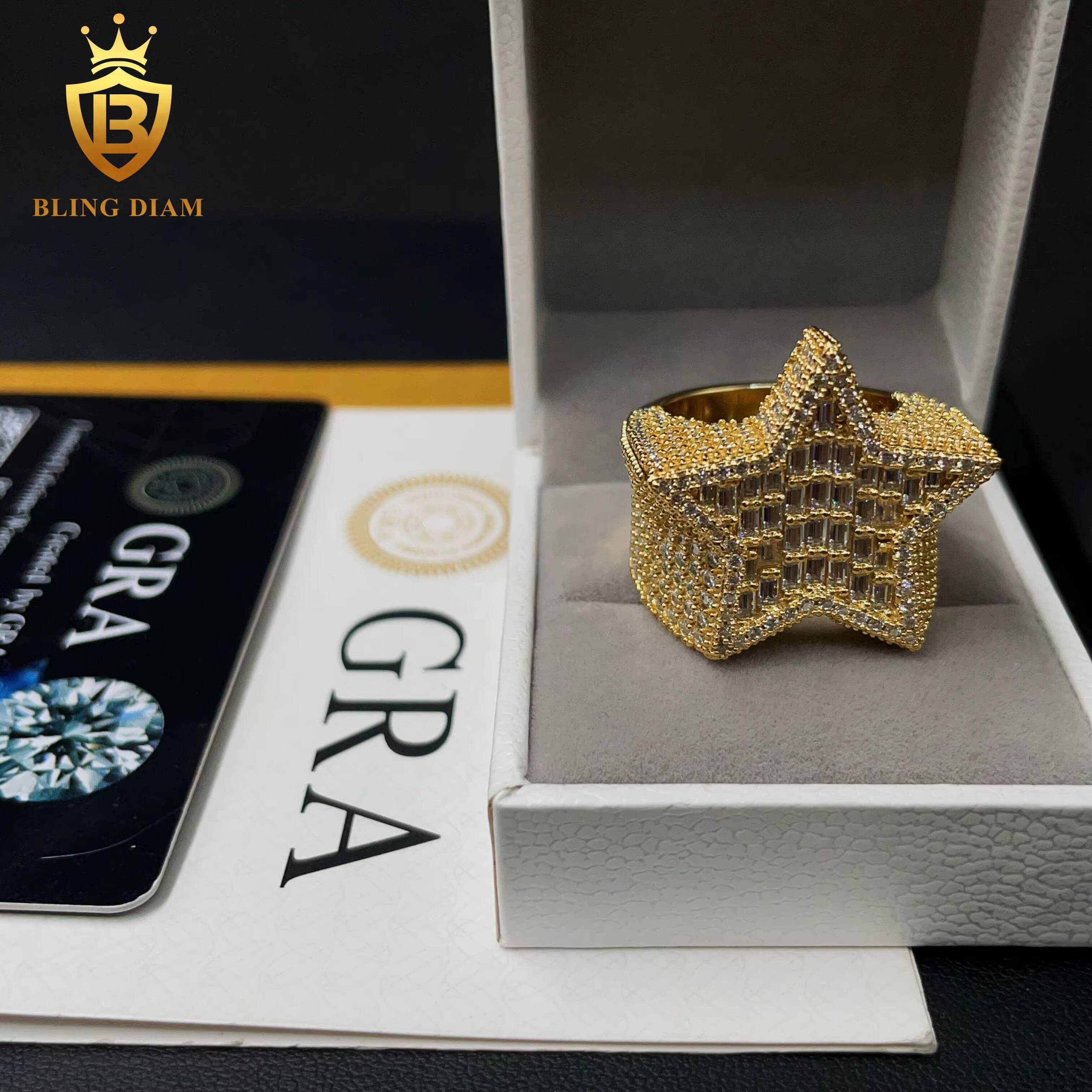 New Fashion Luxury Design 925 Silver Iced Out Baguette Diamond Hip Hop Star Mens Moissanite Ring