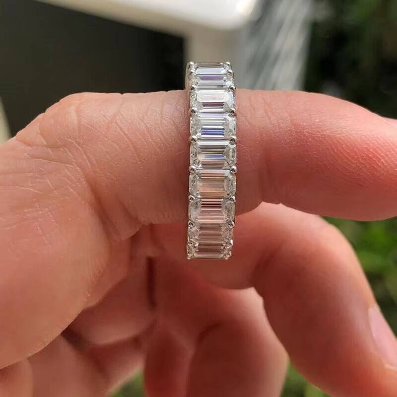 14K Real Gold Engagement Eternity Ring Synthetic Diamond Emerald Cut Moissanite Ring for Women