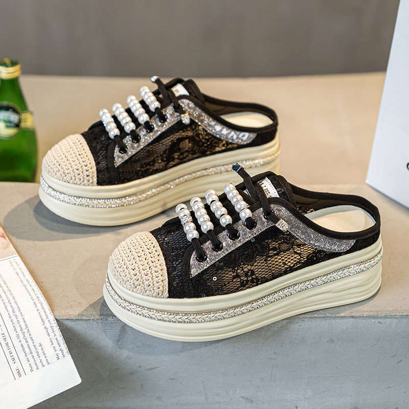 2025 Summer New Rhinestone Thick-Soled Lace Mesh Closed-Toe Half Slippers for Women Slip-On Breathable Fisherman Shoes