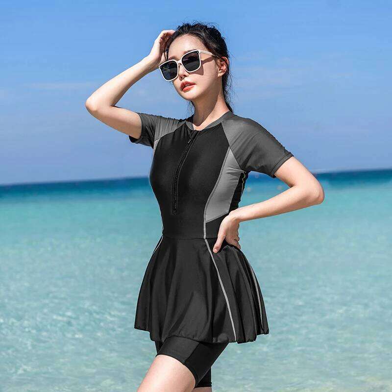 Tunic Split Swimwear Women Two Piece Summer Short Sleeve Swimsuit Vocation Beachwear Modest Bathing Zipper Surfing Suit