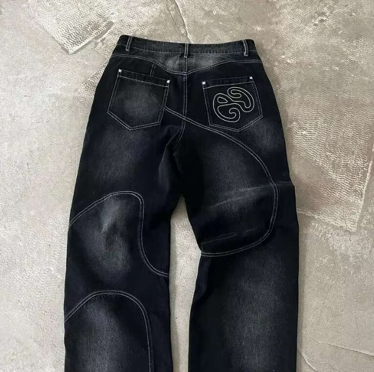 Trendy Brand Line Stitching Jeans for Men High Street Design Loose Embroidered Jacket Gothic Style Set