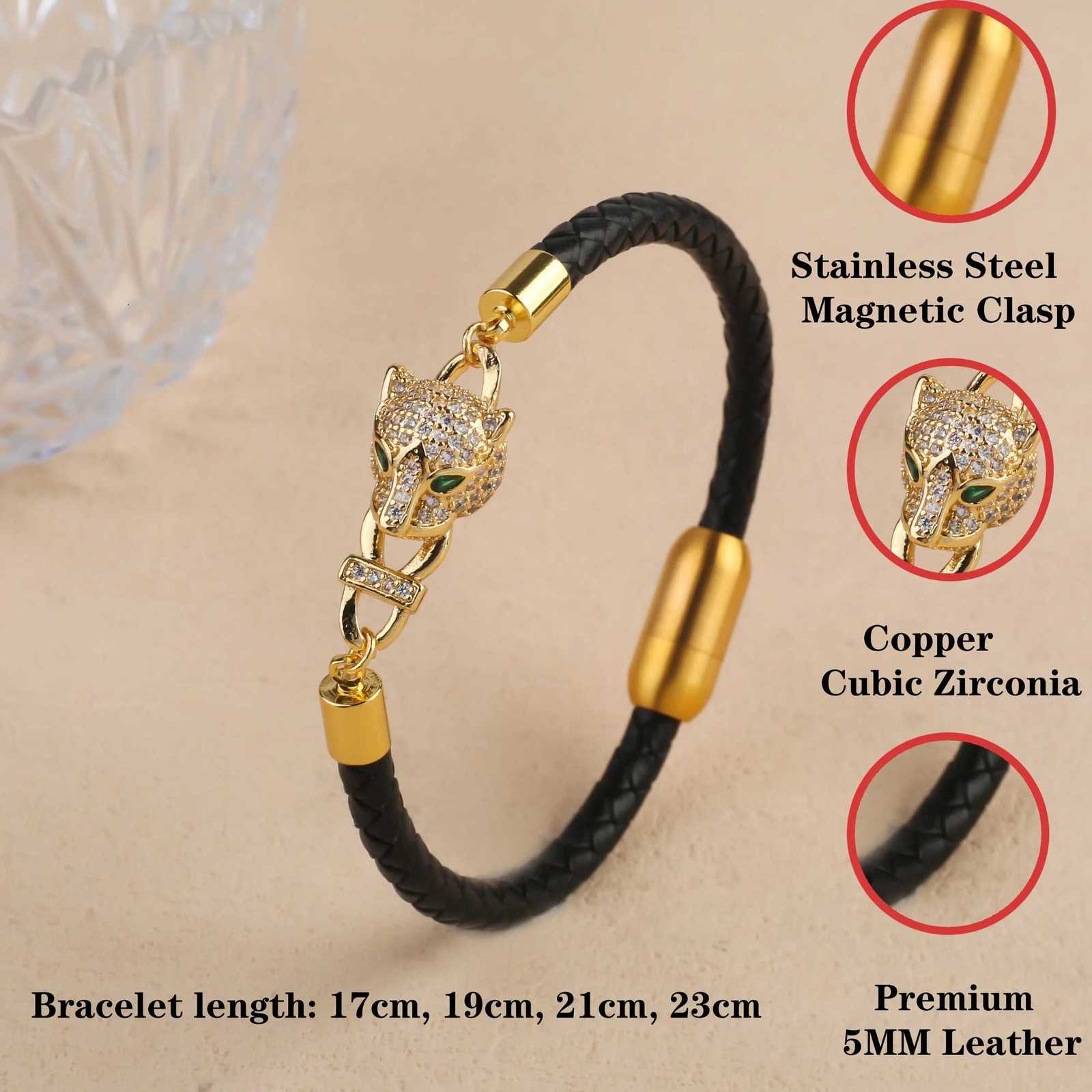 Head Bully Animal Style Leopard Braided Leather Rope Bracelet Fashion for Men and Women Stainless Steel Zirconia Jewelry Daily Wear G250820al