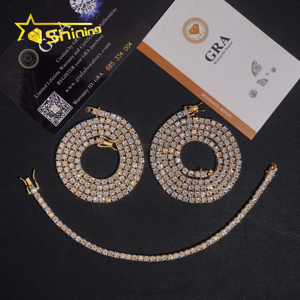 USA Warehouse Large Stock GRA Cert 3MM 925 Solid Silver Hip Hop Iced Out VVS Moissanite Diamond Tennis Chain Bracelet Necklace