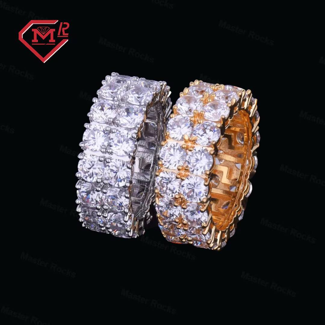 Shining Couples Iced Out Ring Two Rows Tennis Edition 925 Silver Moissanite Mens Ring