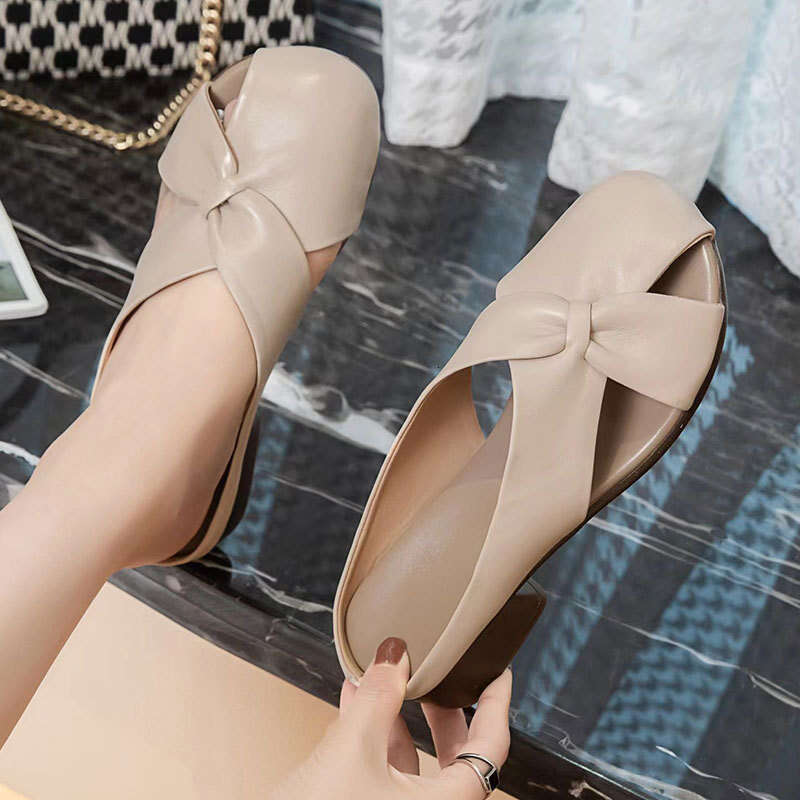 2025 Summer Outer Wear Top Layer Cowhide Casual Mules Hollow Closed Sandals Comfortable Round Toe Chunky Heel Women's Slippers