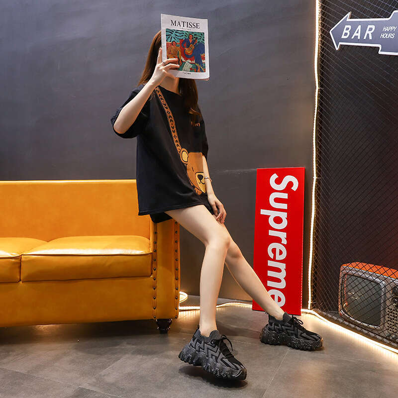 Summer New Trendy Women's with Sock Mouth, Breathable Mesh Wave Sole Casual Running Sports Shoes