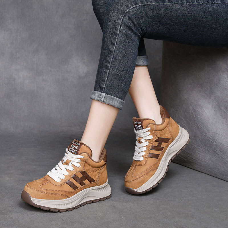 2024 Winter New Top Layer Cowhide High-Top Forrest Gump Shoes Women Korean Style Casual Sneakers with Fleece Lining for Warmth