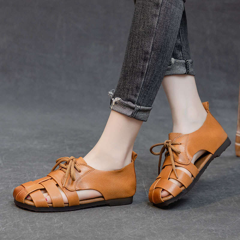 2025 Summer New Roman Sandals for Women, Lace-up Soft Sole Comfortable Flat Genuine Leather Pig Cage Shoes