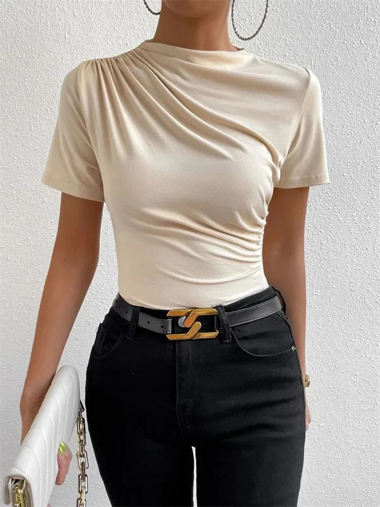 Women Short Sleeve Pleated T-shirt Summer Casual Slim Fit Mock Neck Ruched Tee Top Streetwear 250820