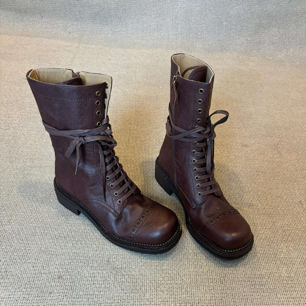 Cowhide Version~ Thick-Soled Martin for Women 2024 New British Style Melad Mid-Calf Brown Short Boots