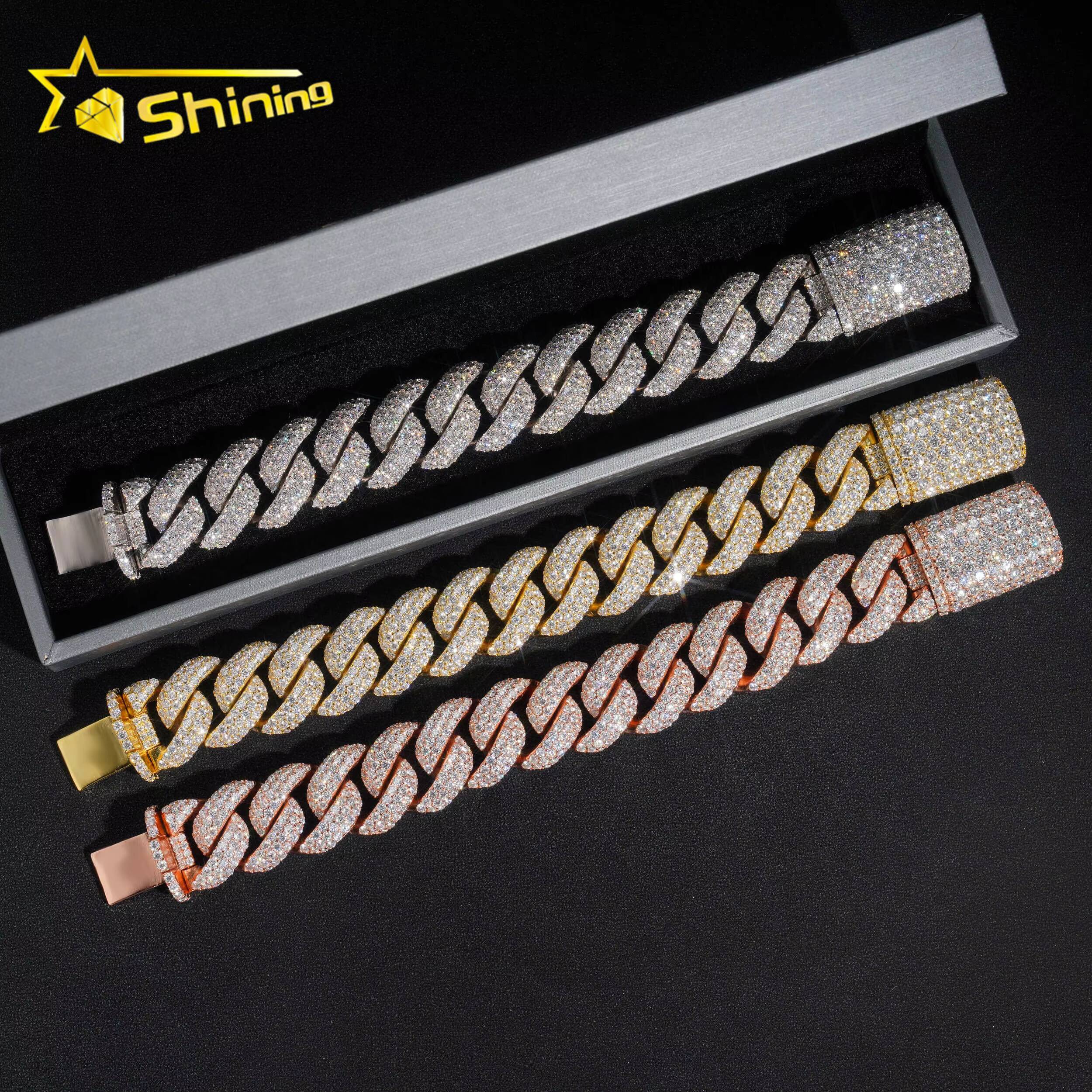 Hip Hop Iced Out 925 Sterling Silver 20mm Solid Heavy Miami Moissanite Hip Hop Jewelry Men Gold Plated Cuban Link Chain Bracelet