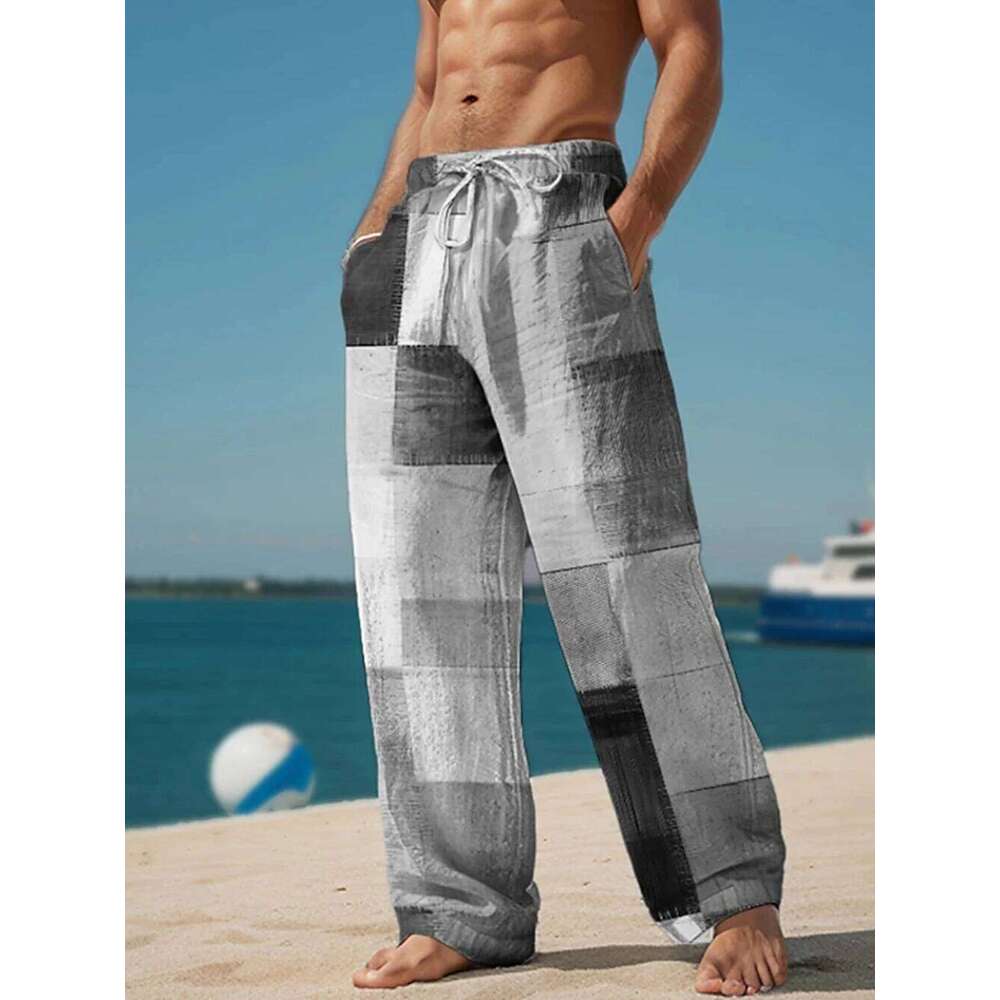 Plaid Color Block Men's Resort 3D Printed Casual Trousers Elastic Waist Fit Straight-Leg Pant Summer Beach Pants 6XL