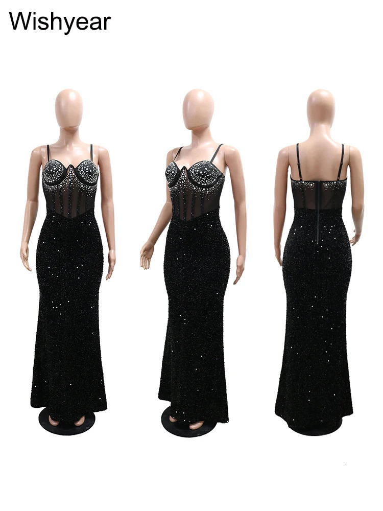 Women Sexy Mesh Velvet Diamonds Sequin Patchwork Long Dress Sleeveless Spaghetti Strap Bodycon Birthday Party Evening Robe 250815