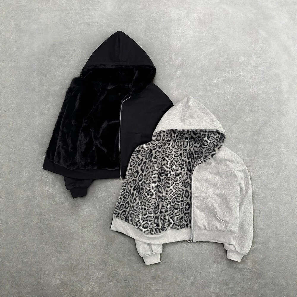 2025 New Y2K Hooded Sweatshirt Reversible Unisex Leopard Print Zipper Hoodie Sports Shirt
