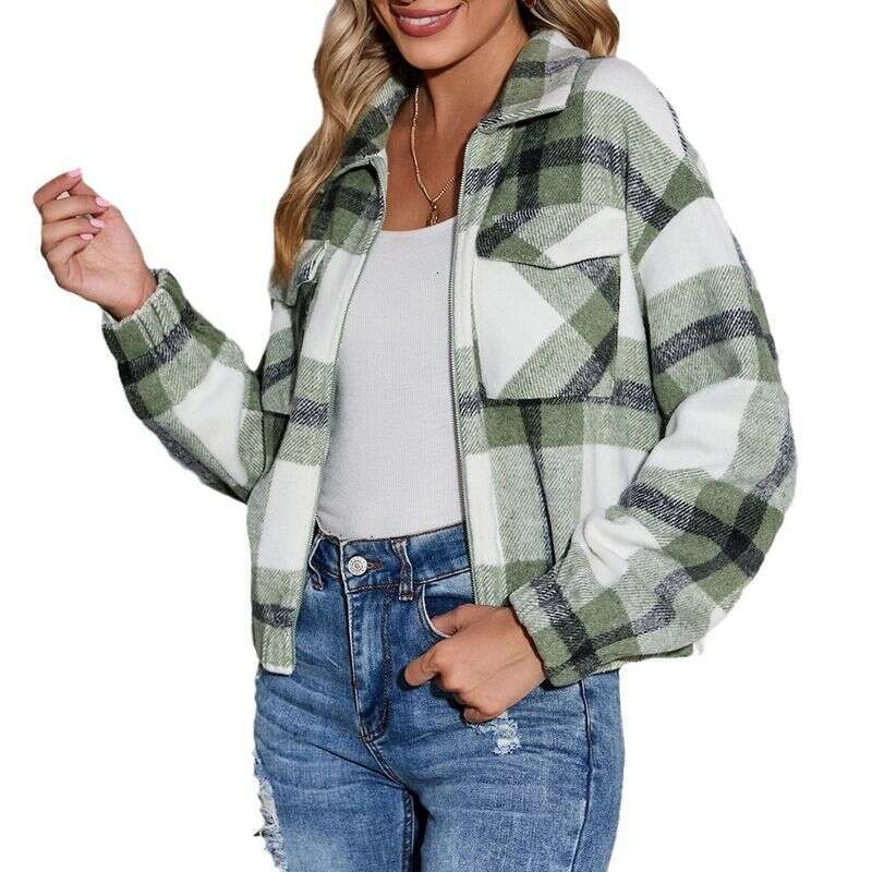 Women's Printed Plaid Versatile Pocket Zipper Jacket Autumn and Winter Casual Short