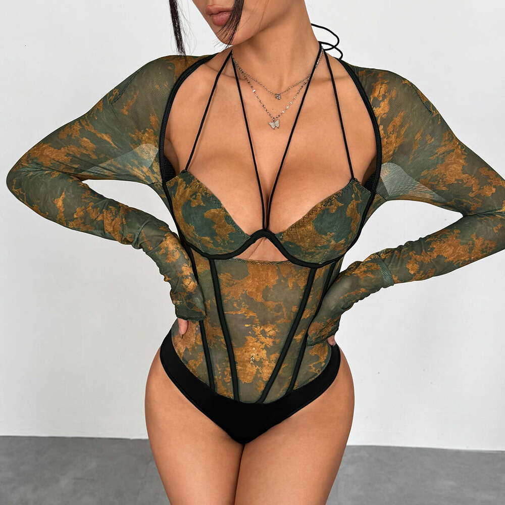Autumn New Arrival Atmosphere Print Gradient Mesh Underwire Fishbone Flare Sleeve Waist-Cinching Halter Neck Jumpsuit