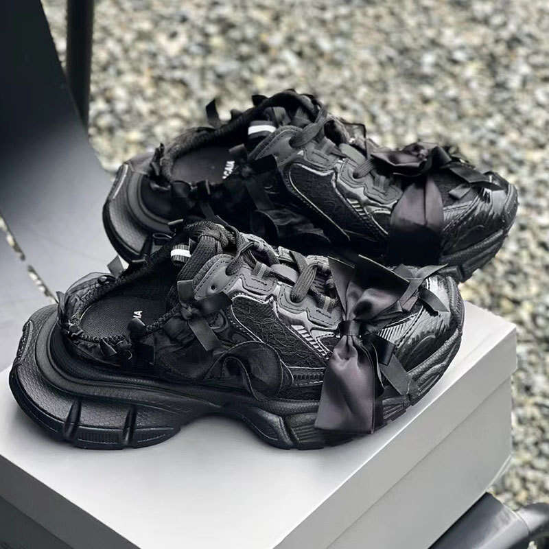 2025 Summer New Lace Bow 3XXL Half Slippers for Women Thick Sole Lace-up Casual Versatile Dad Shoes