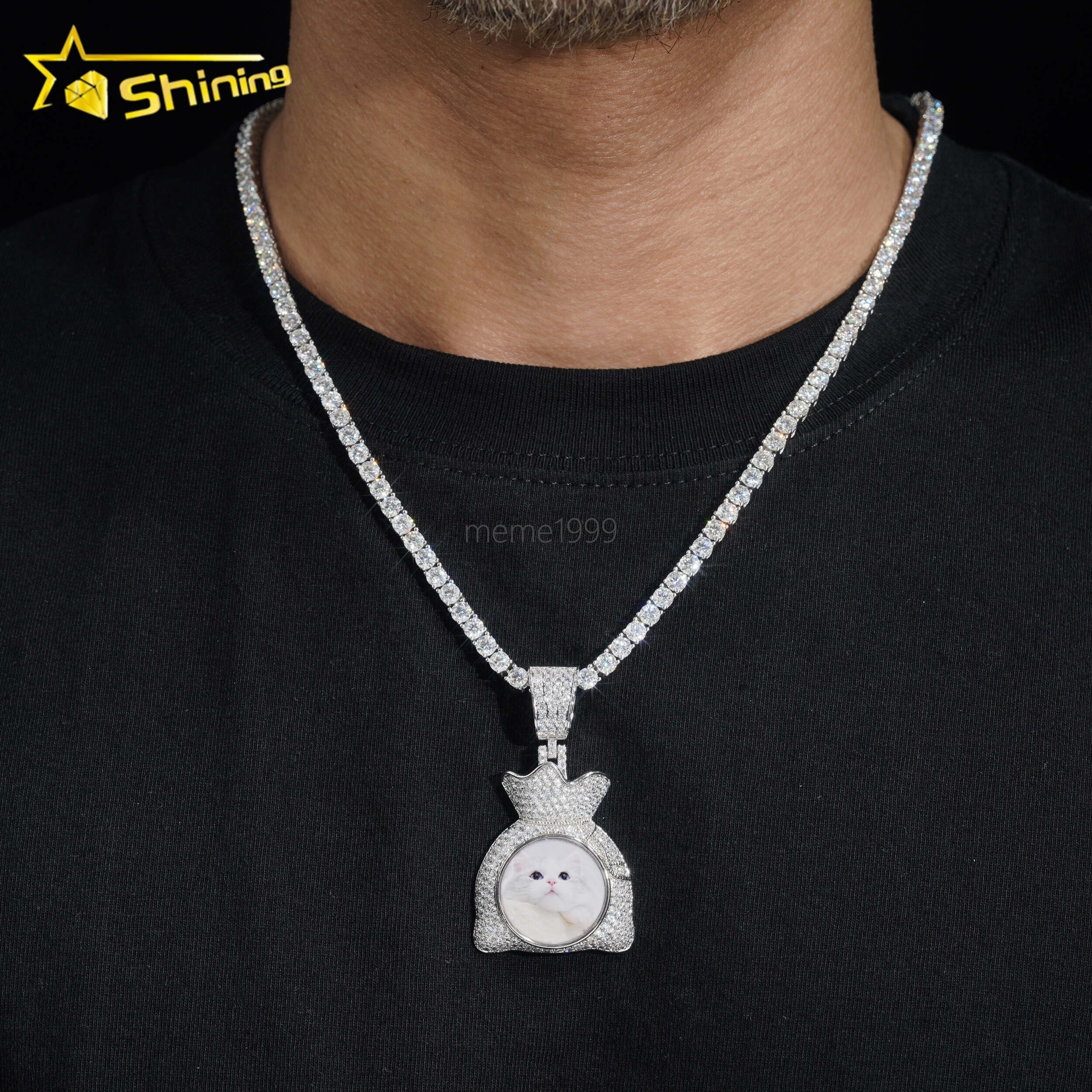 Top Quality 925 Silver Money Bag Memory Custom VVS Moissanite Diamond Picture Pendant