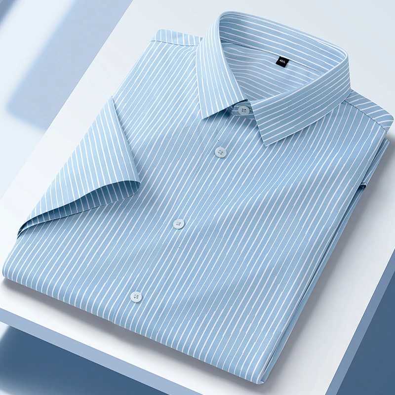 New in shirt summer short sleeve shirts for men slim fit formal plain shirt soft office striped top wrinkle free elastic clothes Y250819