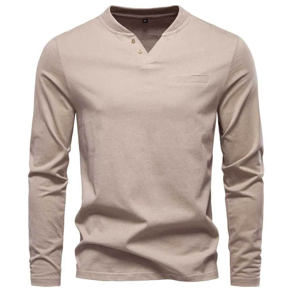 New Autumn 100% Cotton Mens T-shirt Henley T Shirt Men Casual Solid Color Long Sleeve Fake Pocket Fashion T-shirts for Men Y250819