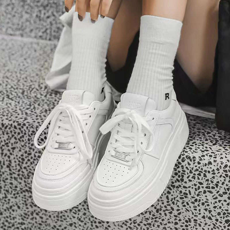 2025 New Genuine Leather 5.5CM Height-Increasing Platform Sole White Sneakers for Women Spring Summer Breathable Casual Versatile Board Shoes