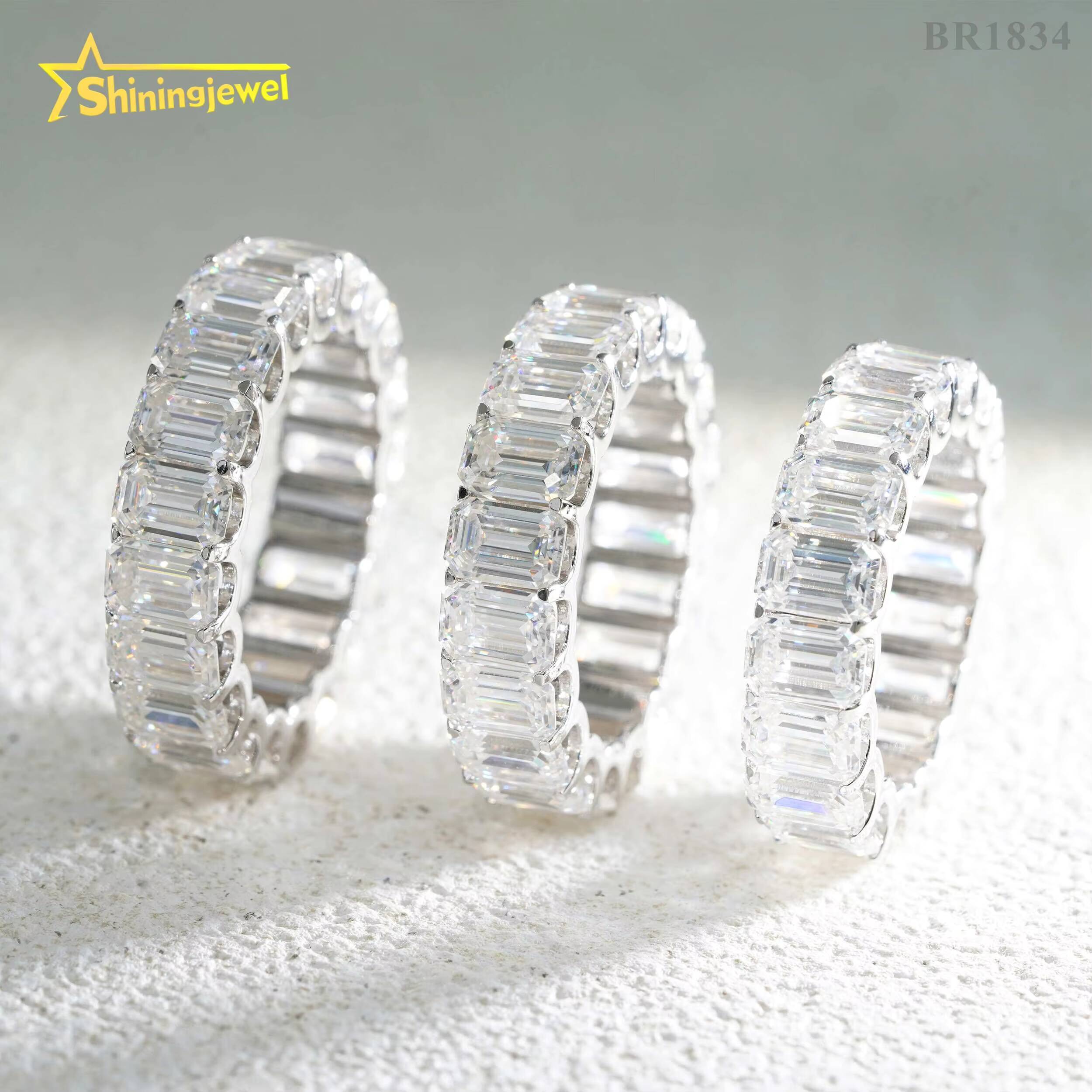 Classic Pass Tester Hip Hop Fine Jewelry 925 Sterling Silver Fully Iced Eternity Emerald Cut Band Ring Moissanite Iced Out Ring