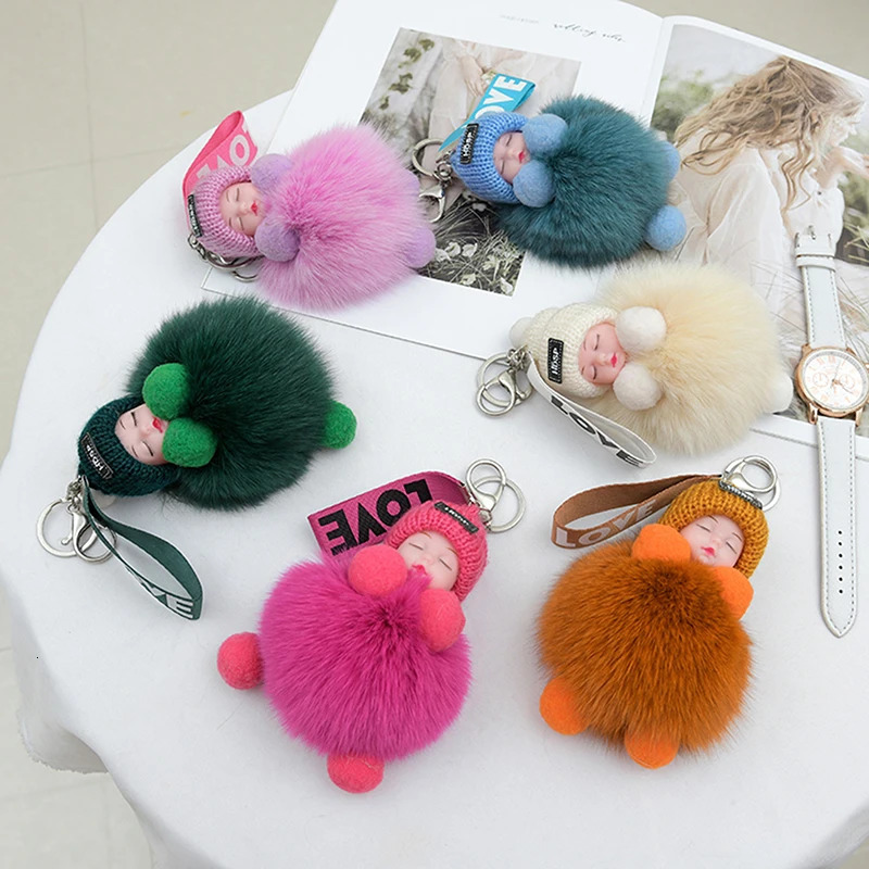 Pompom Sleeping Baby Keychain Cute Fluffy Plush Doll Keyholder Women Girl Bags Keyrings Key Ring Gift Charming Decoration 250811