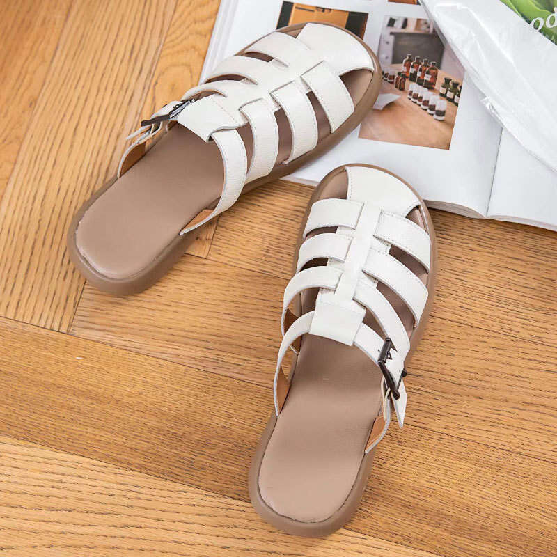Top Layer Cowhide Women Shoes 2025 Summer New Korean Style Thick Sole Open Toe Woven One-Strap Buckle Sandals