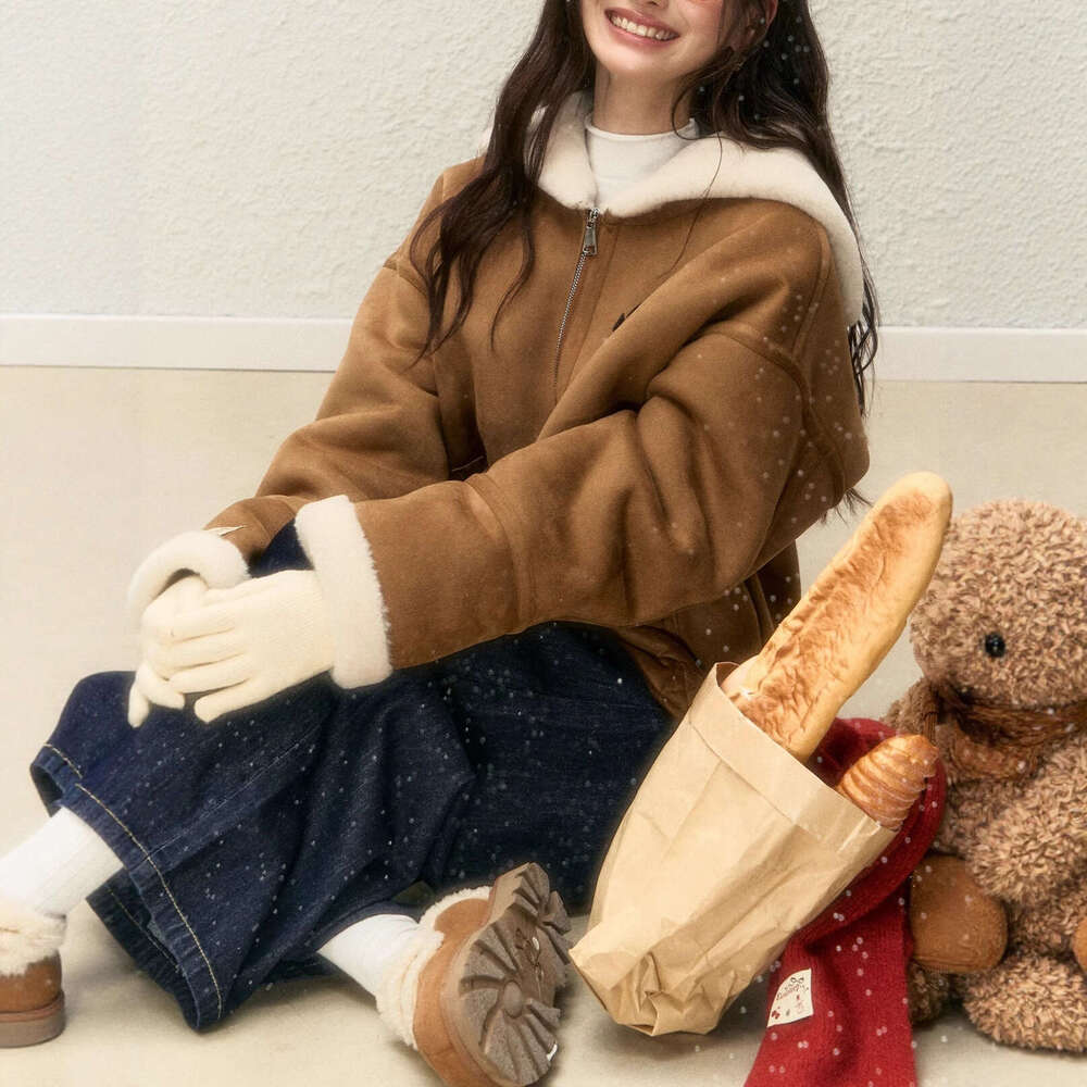 Fleece Collar Khaki Suede Jacket Women 2025 Autumn Winter Thick Warm Zipper Short Jacket Korean Y2K Faux Leather Coat Outerwears