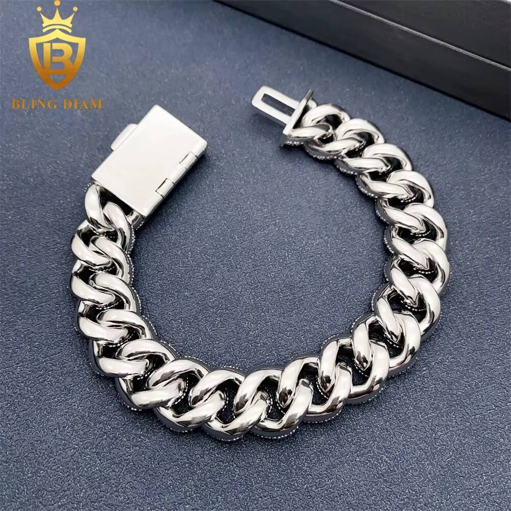 3 Row Iced Out Hip Hop 15mm Cuban Link Chain Bracelet Necklace 925 Sterling Silver VVS Moissanite Pass Diamond Tester