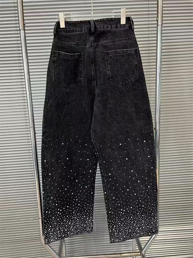 Men's Jeans Heavy Industry Starry Sky Rhinestone Washed Ribbon Streetwear Loose Washed Vibe Straight-leg Pants Trendy For Both Men And Women