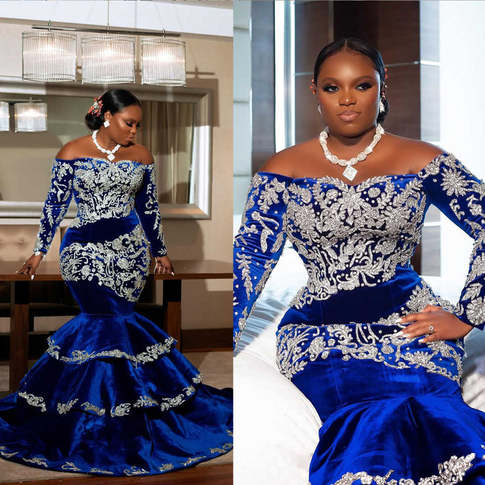 Customized Velvet Royal Prom Dress Long Sleeve Crystal Tiered Beaded Mermaid Formal Evening Gown Occasion