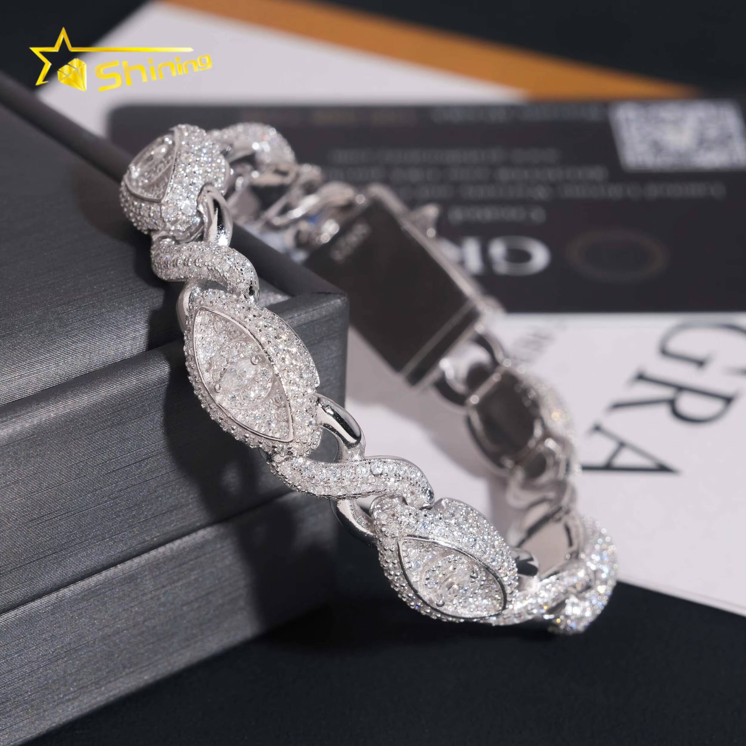 Real 925 Sterling Silver Gold Plated Hip Hop VVS Lab Diamond Moissanite Infinity Cat Eye Cuban Link Chain Bracelet