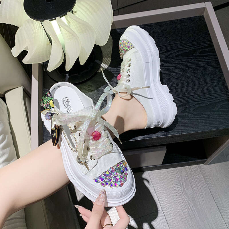 2023 Summer New Fashion Women's Lace-up Casual Slippers Versatile Mid-Heel Breathable Rhinestone White Shoes