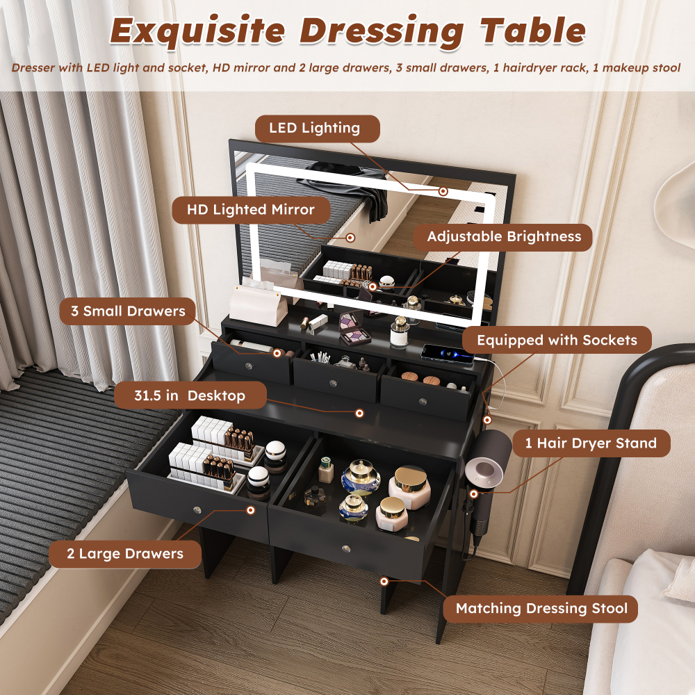 Mirror Vanity Desk for Bed room Modern Makeup Vanity Set with Power Outlet and Hair dryer holder 5 Drawers 3 Lighting Color Adjustable Dressing Table 