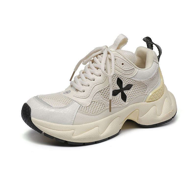 2024 New Autumn Winter Dad Shoes for Women Cross Flower Genuine Leather Thick Sole Height Increasing Mesh Breathable Fashion Casual Sneakers