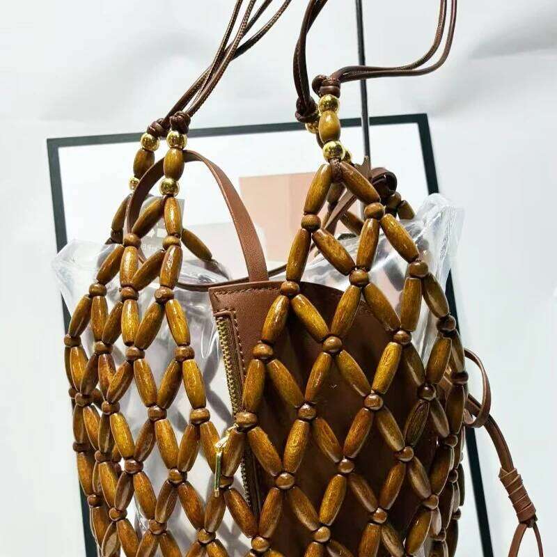 Fashion Bags Bohemian Beach Bucket Bags For Women Designer Handba And Purses 2025 New In Wood Hand Woven Hollow Out Underarm Shoulder