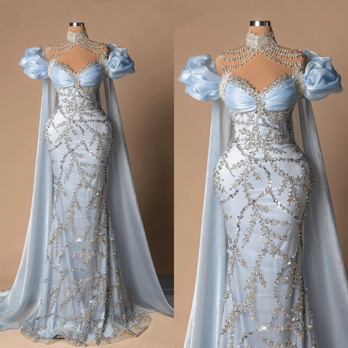 Modern High Neck Evening Dresses Rhinestone Beading Prom Gowns Princess Sweep Train Cape Sleeves Customized Vestidos De Noche Plus Size