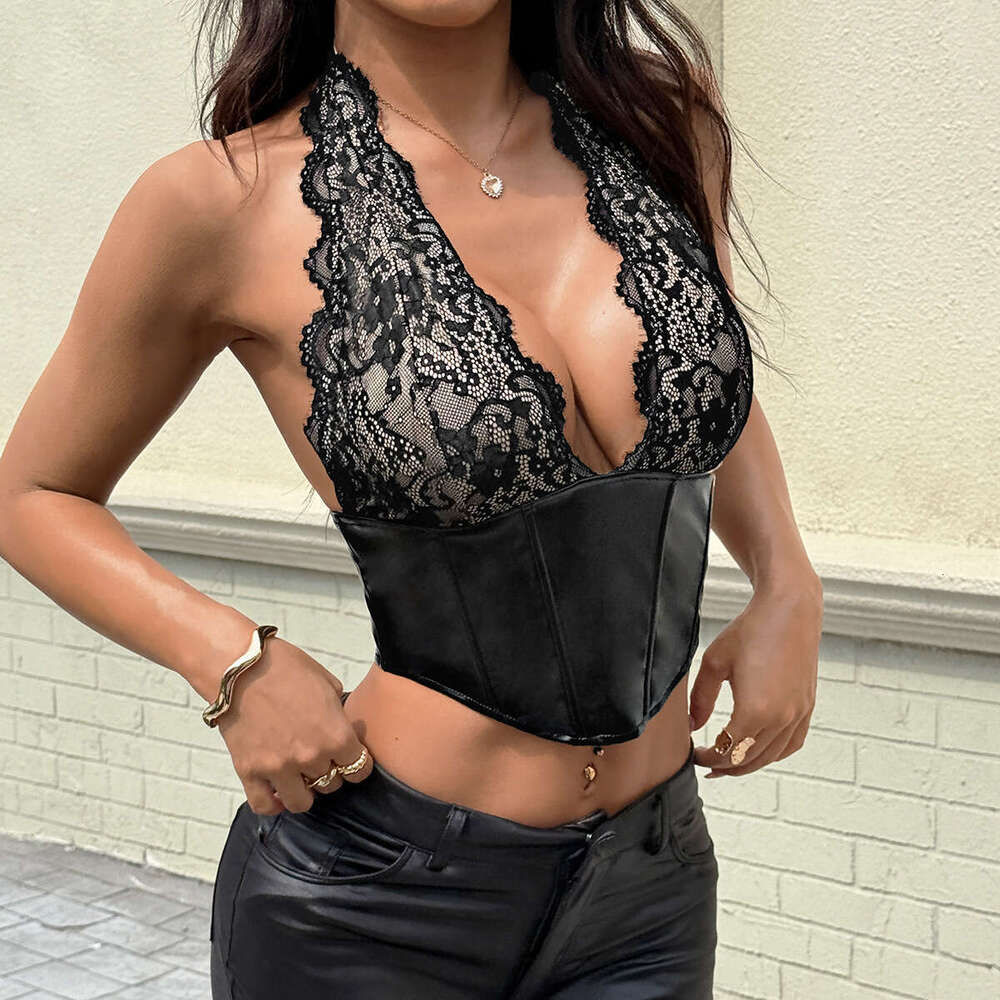 Sexy Hot Lace Patchwork PU Leather Fishbone Button Trendy Halter Neck Tank Top