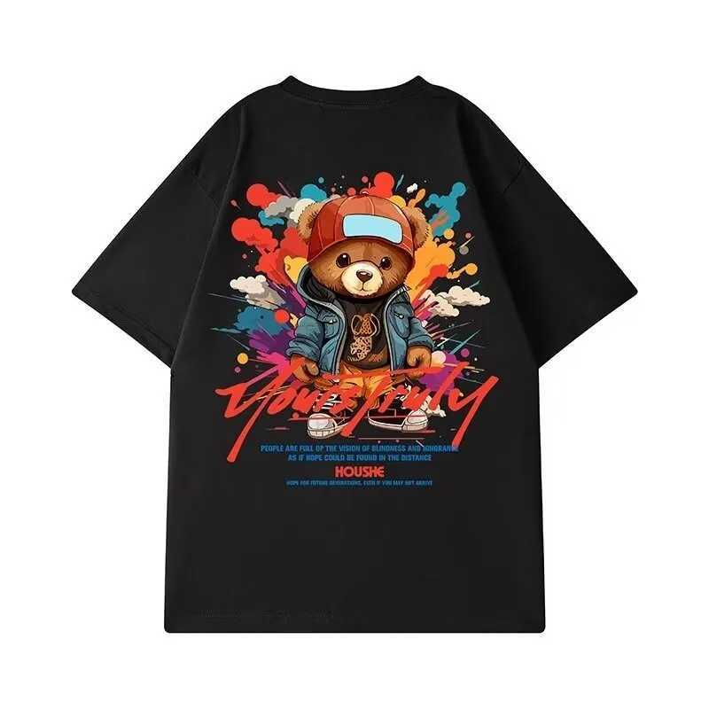 Men Oversize Tee Casual Loose American Denim Jacket Bear Print T-shirt Suitable Men Women Youth T-shirts Y250819