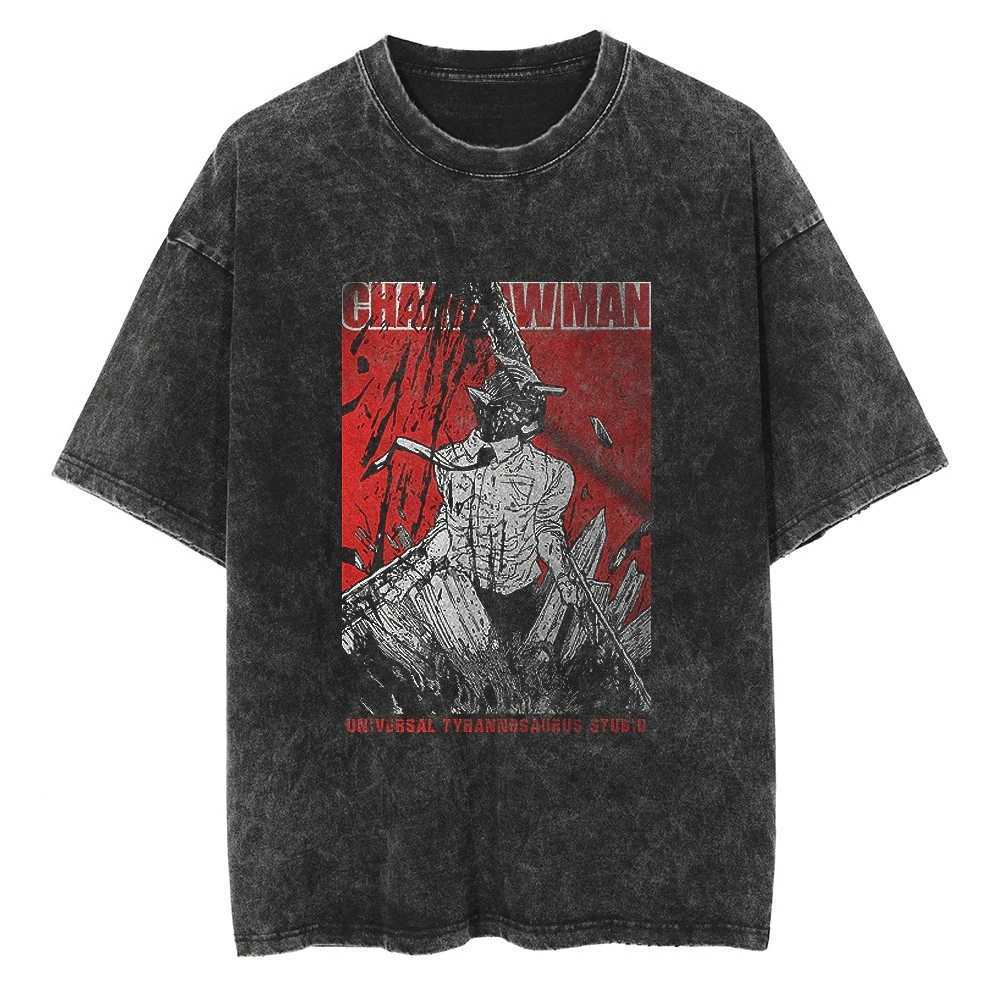 Unisex Oversized T-Shirt 2025 Chainsaw Man Japanese Manga Short-Sleeved Tees Retro Washed Cotton Heavy Summer Tops for Men Women Y250819