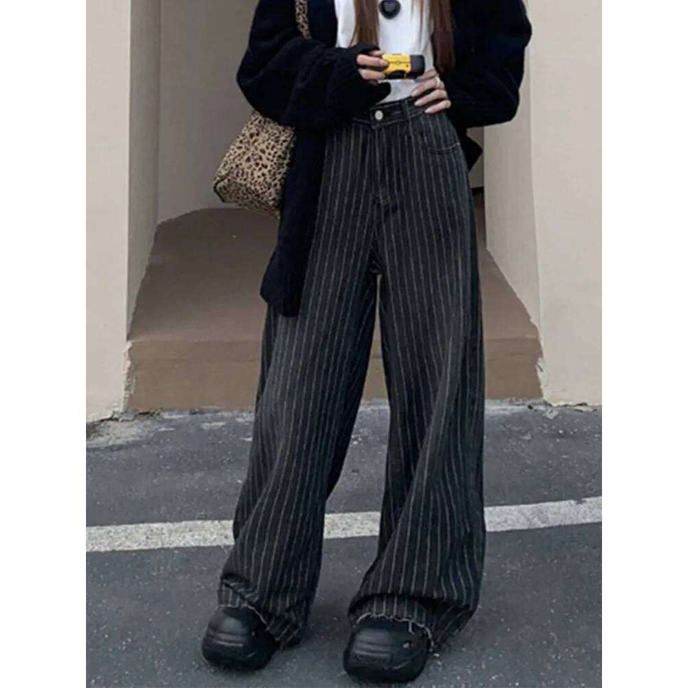 2024 Ropa Y2K Fashion Vintage Striped Wide Leg Baggy Jeans Pants For Women Clothes Straight Washed Black Casual Lady Trousers