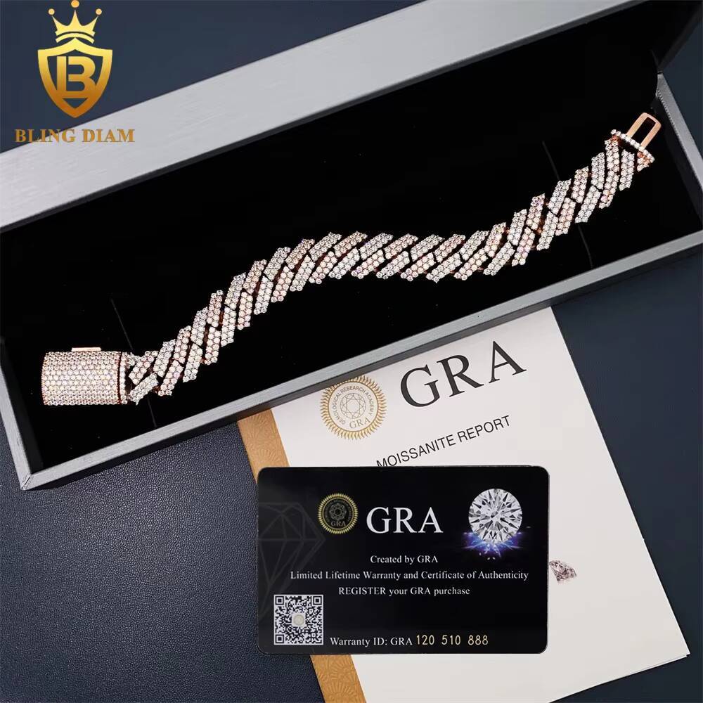 15mm Iced Out Hip Hop Jewelry Cuban Link Chain 925 Sterling Silver VVS Moissanite Bracelet Necklace