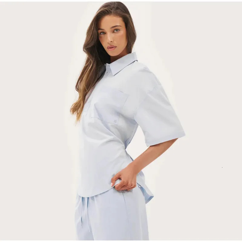 Women Cotton Back-Belted Set Shirt Collar Short Sleeve Top Wide Leg Pants Street Casual Suit office Elegant Lady Outfit 250820