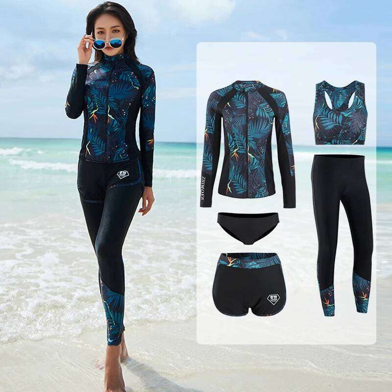 Sleeve Rash Guard Women Patchwork 5 Pieces Swimsuit Zipper Swimwear Bathing Suits Surfing Pad Long Pant Couples Men 3 Piece