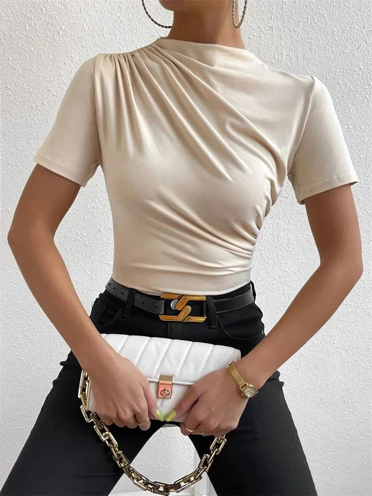 Women Short Sleeve Pleated T-shirt Summer Casual Slim Fit Mock Neck Ruched Tee Top Streetwear 250820